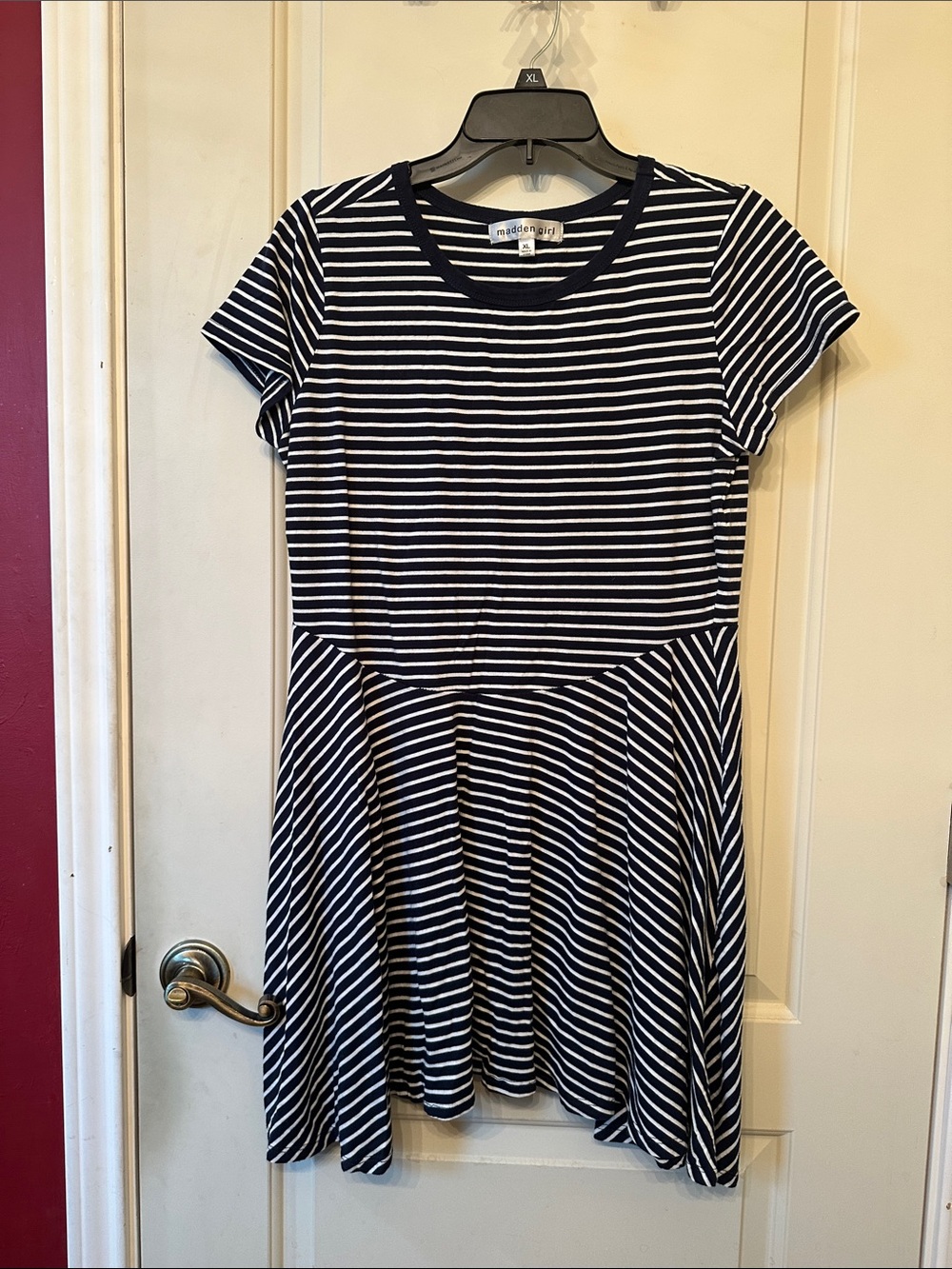 Madden Girl Navy & White Striped Short Sleeve Fit-and-Flare Dress